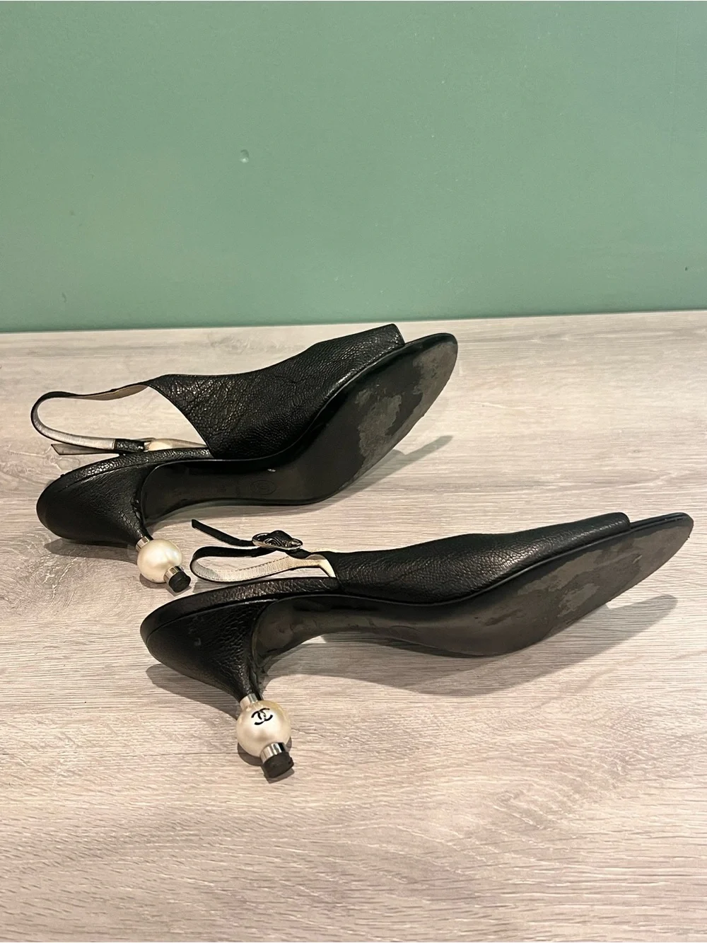 CHANEL Black Open Toe Slingback Pearl Heel